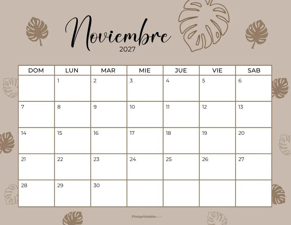 Spanish Printable November Calendar 2027 Template 36