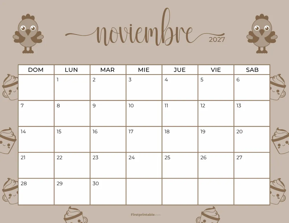 Spanish Printable November Calendar 2027 Thanksgiving Day Template 37