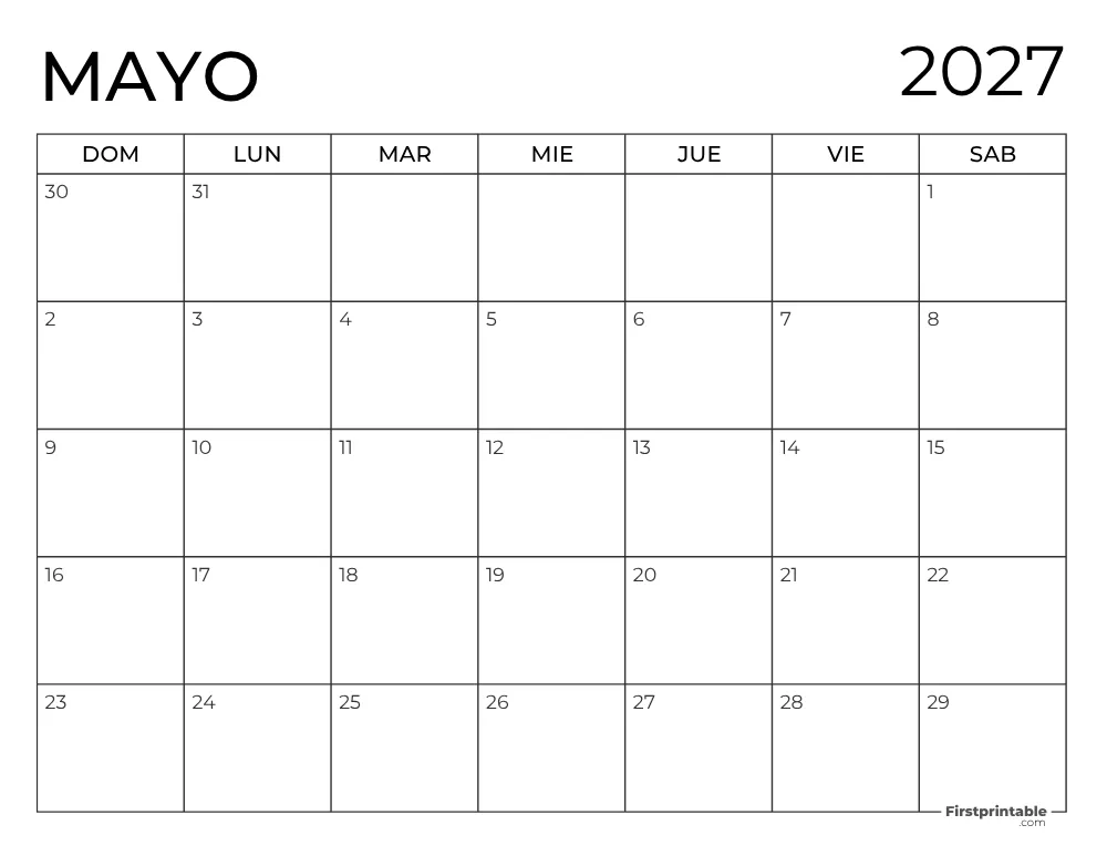 Calendario 2027 para imprimir de Mayo