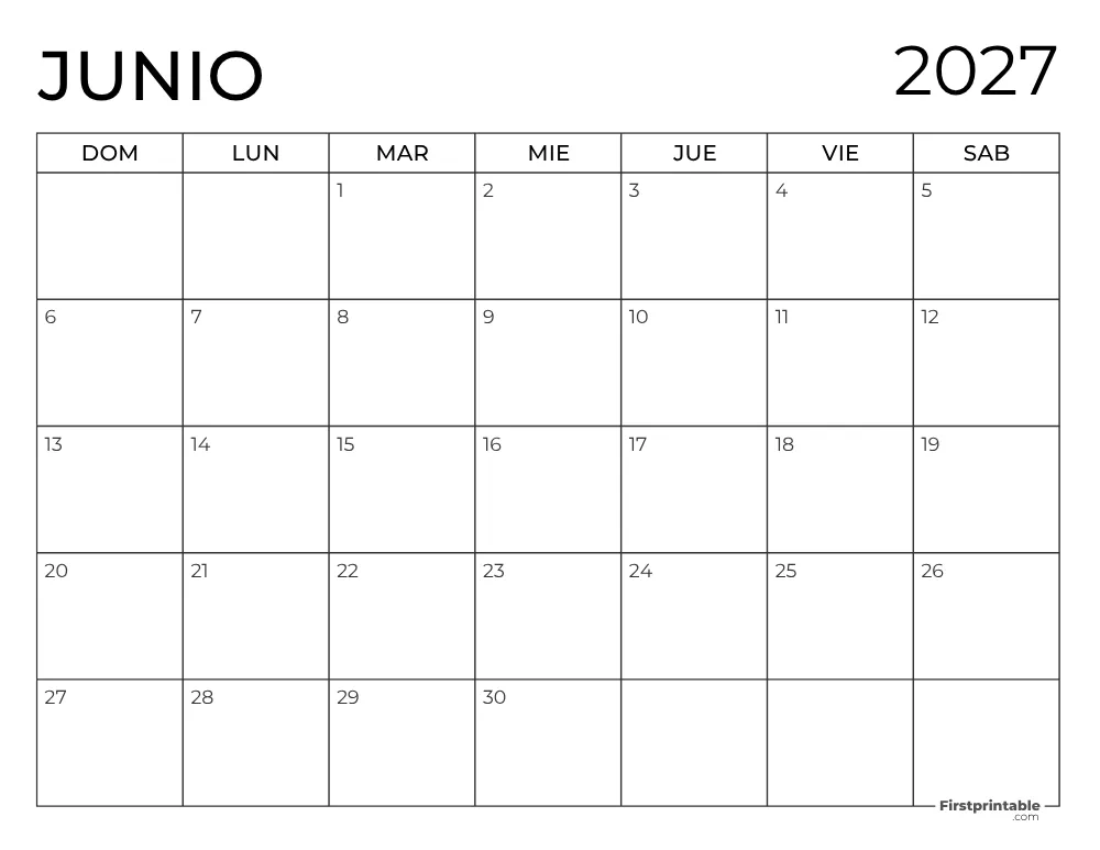 Calendario 2027 para imprimir de junio
