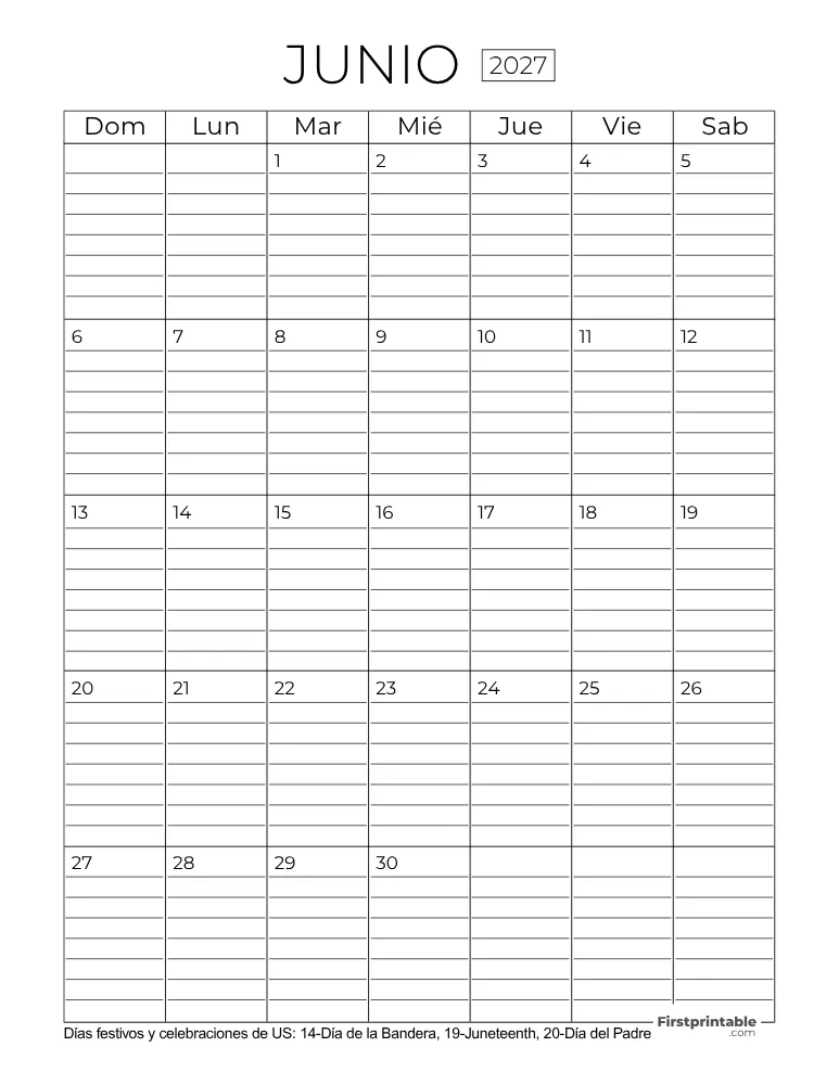 Calendario Junio 2027 con líneas