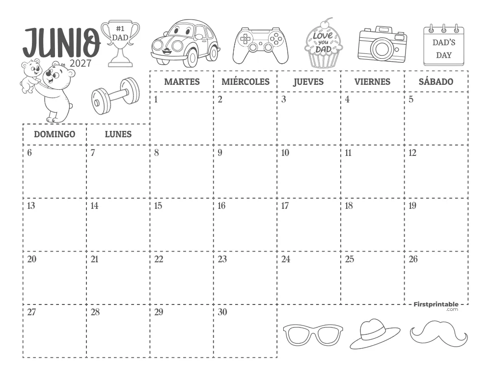 Calendario de junio 2027 con temática del Día de la padre 01