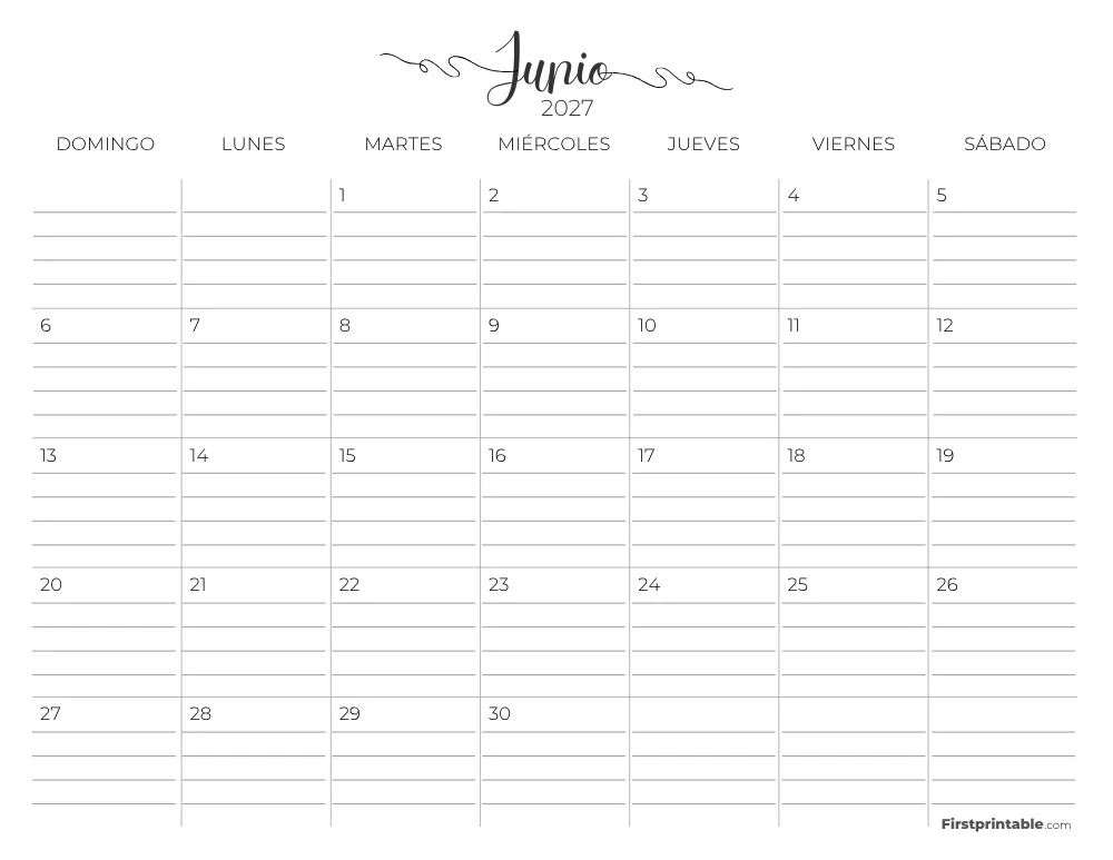 Calendario de junio de 2027 con líneas 02