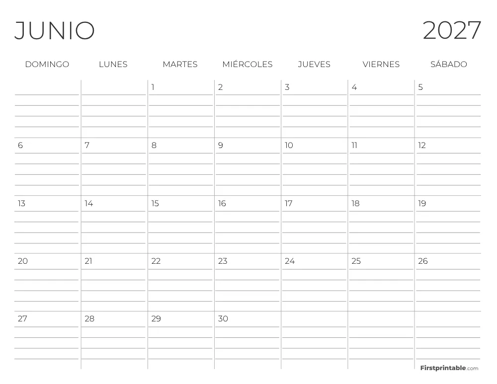 Calendario de junio de 2027 con líneas