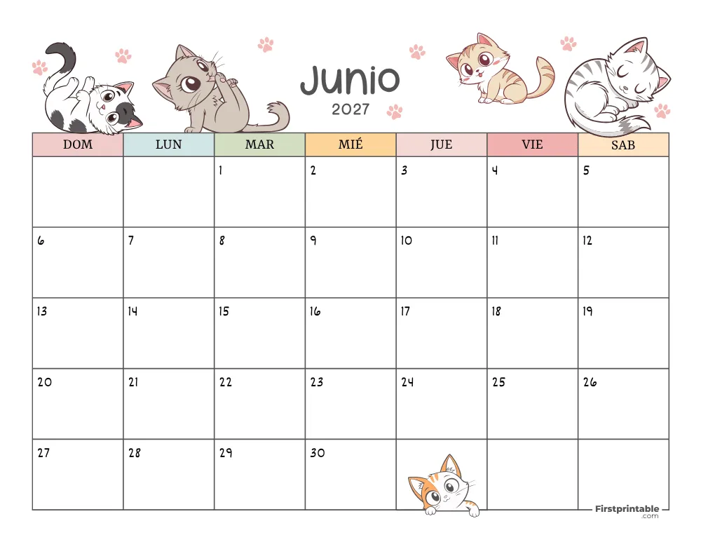 Calendario de junio de 2027 con temática de gatos 01