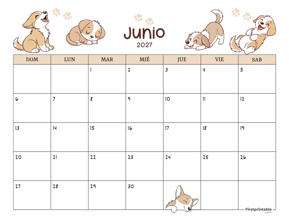 Calendario de junio de 2027 con temática de perros 01