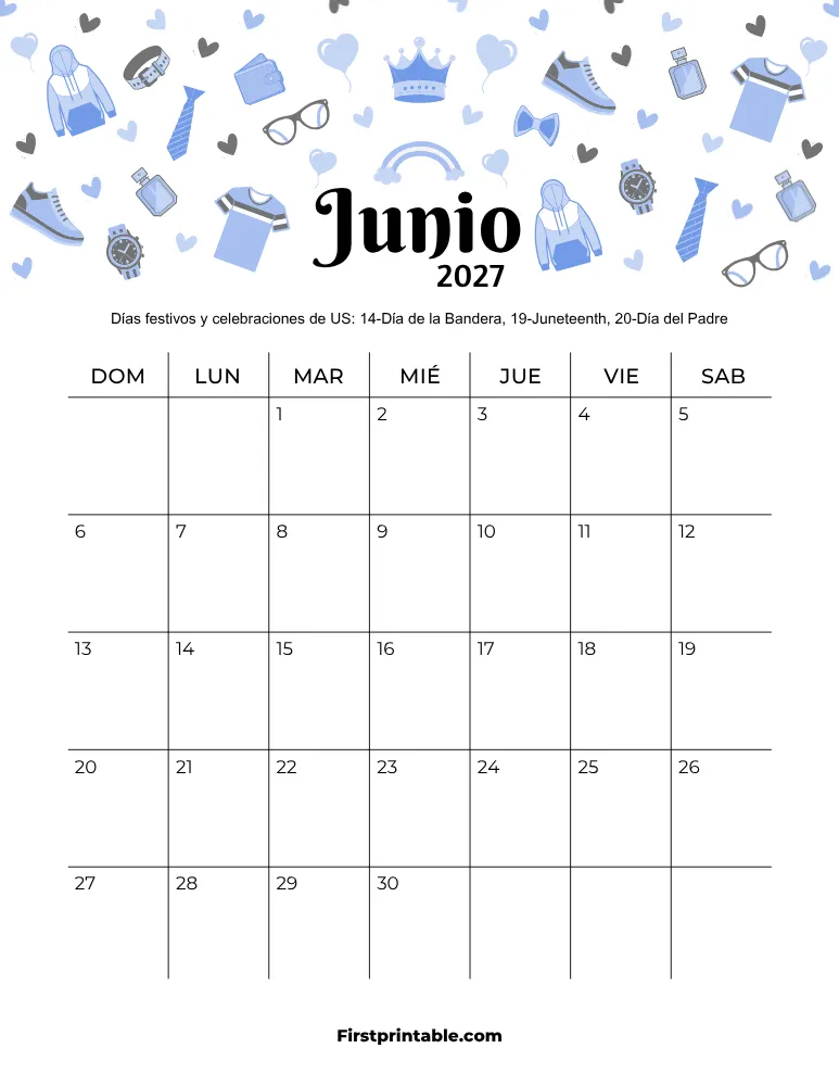 Calendario de junio de 2027 con temática del Día de la Padre