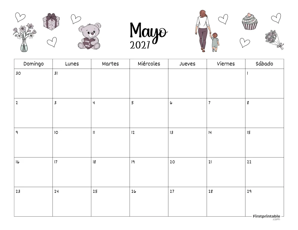 Calendario de mayo 2027 con temática del Día de la Madre 02