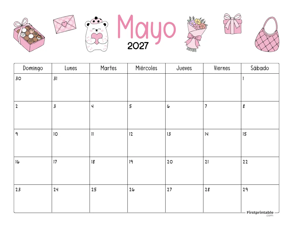 Calendario de mayo 2027 con temática del Día de la Madre 04