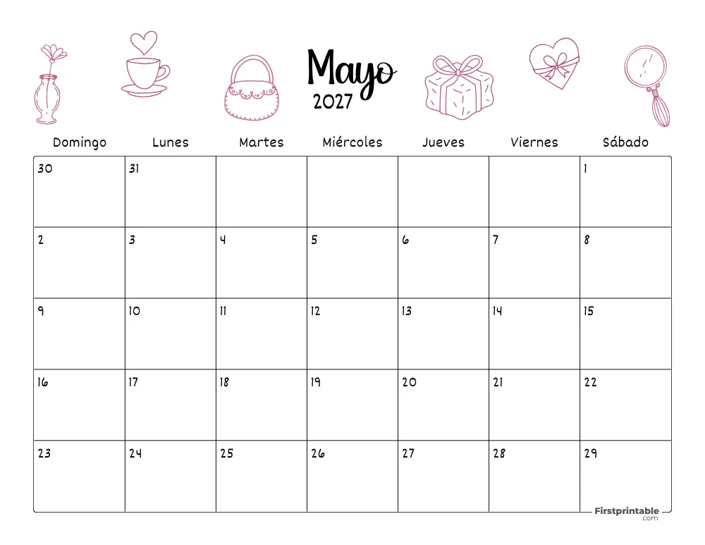 Calendario de mayo 2027 con temática del Día de la Madre 06