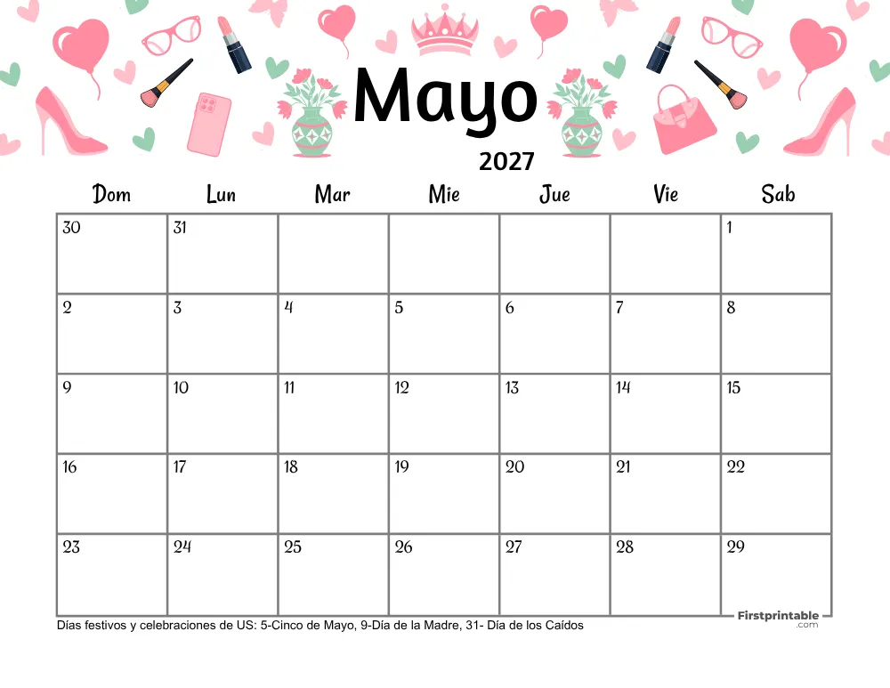 Calendario de mayo de 2027 - Tema de la Madre