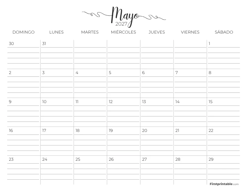 Calendario de mayo de 2027 con líneas 02