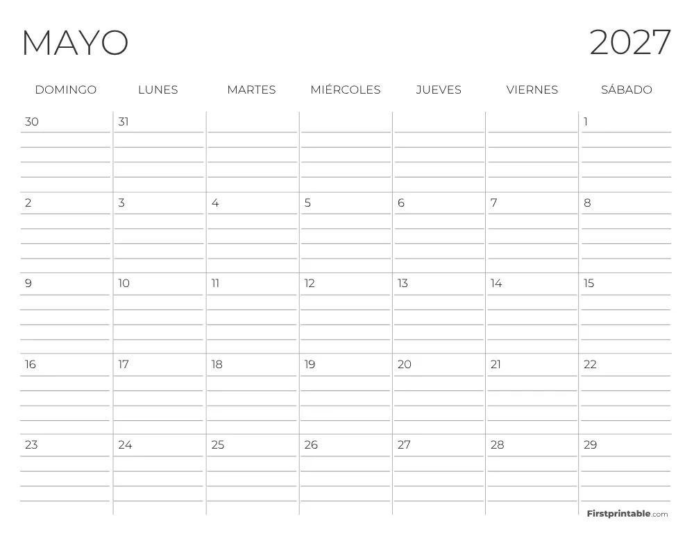Calendario de mayo de 2027 con líneas