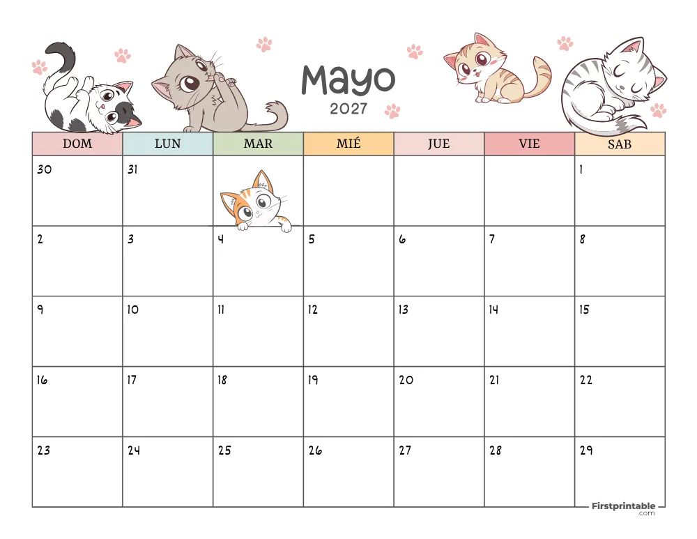 Calendario de mayo de 2027 con temática de gatos 01