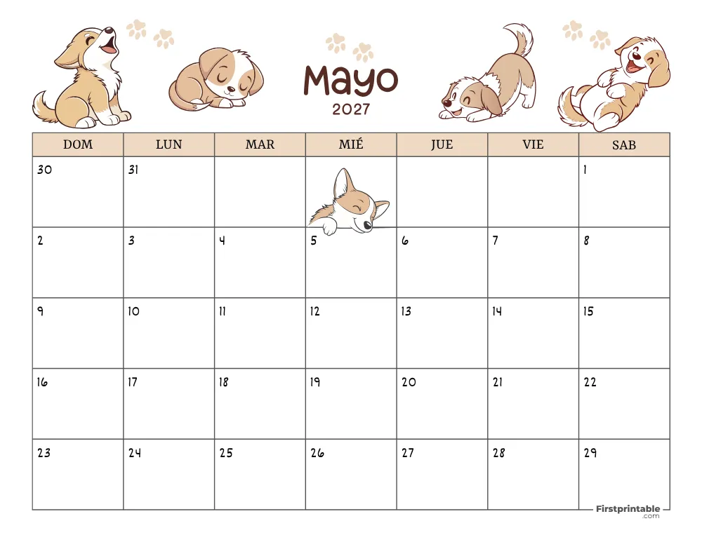Calendario de mayo de 2027 con temática de perros 01