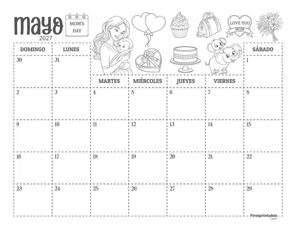 Calendario de mayo de 2027 con temática del Día de la Madre 01
