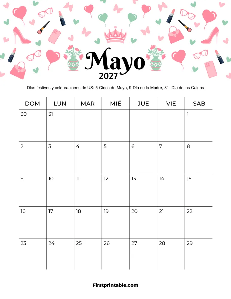 Calendario de mayo de 2027 con temática del Día de la Madre
