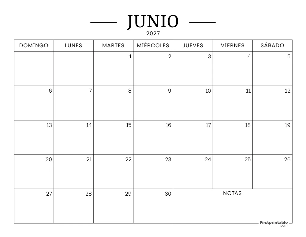 Calendario imprimible de junio de 2027