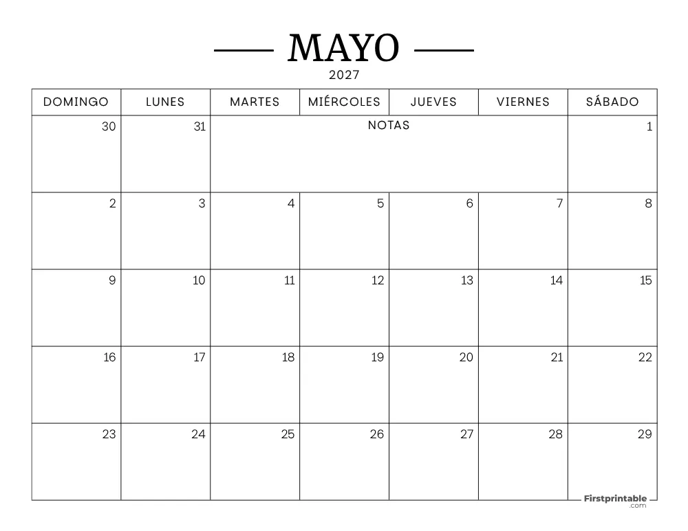 Calendario imprimible de mayo de 2027
