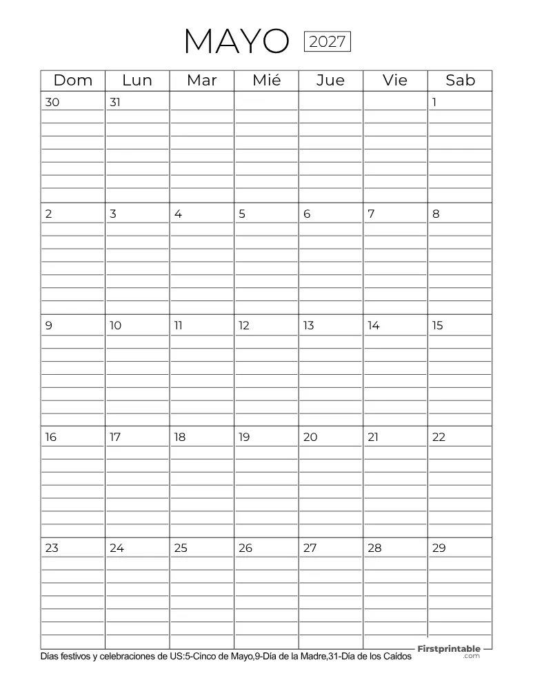 Calendario mayo 2027 con líneas