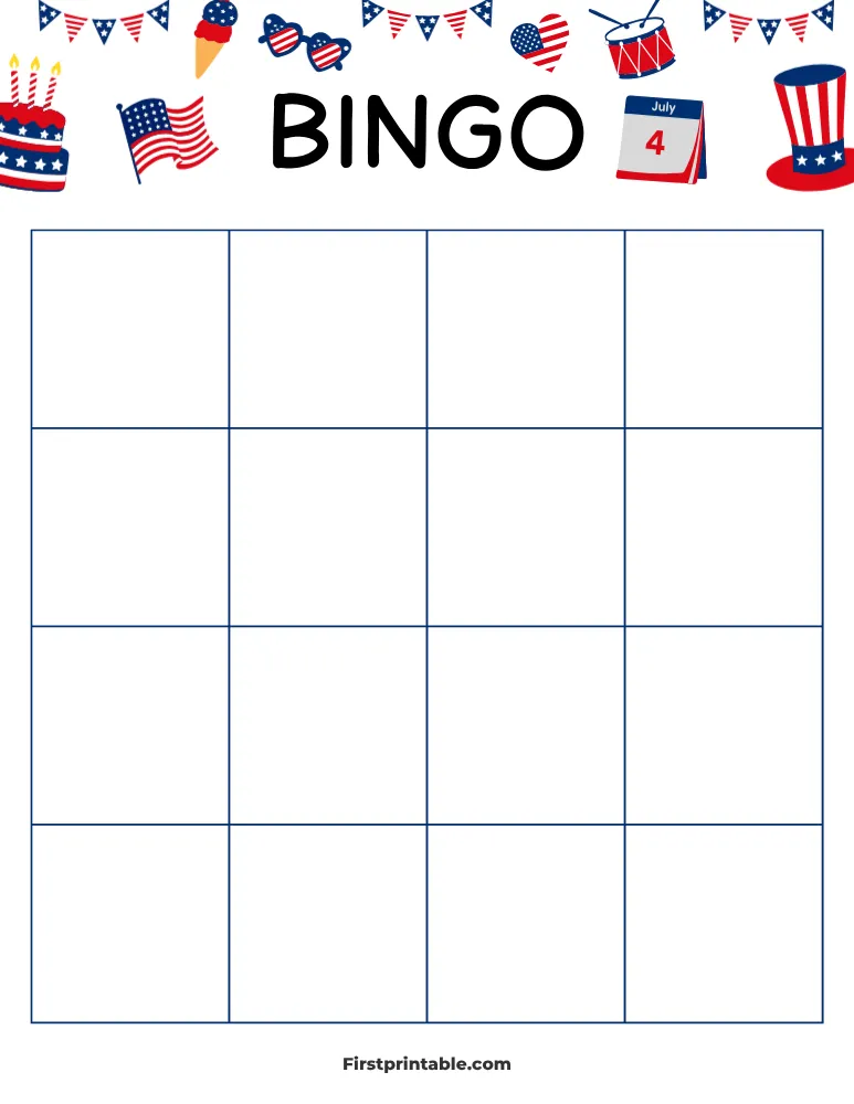 Fourth of July Blank Bingo Card 02 - 4x4