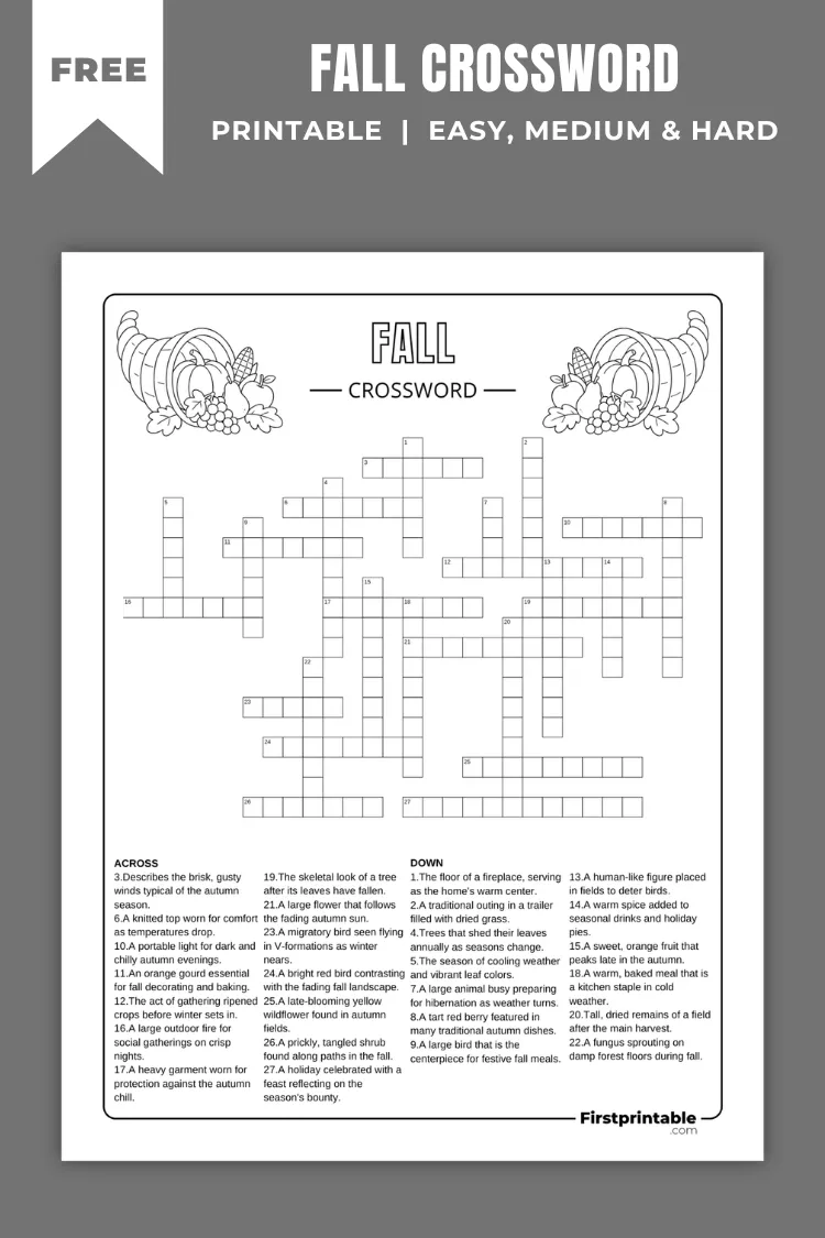 Fall Crossword Puzzles | Free PDF Printables