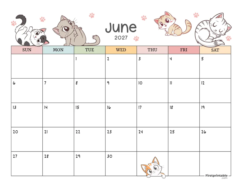 June 2027 Calendar Cat Themed 01