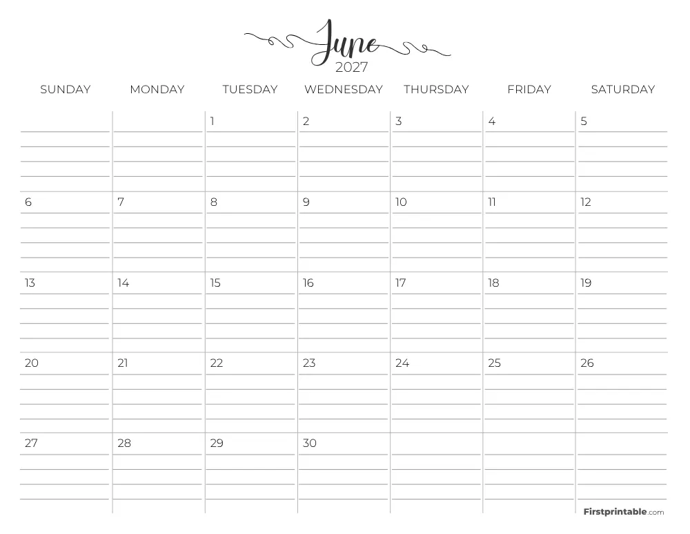 June 2027 Calendar with lines 02