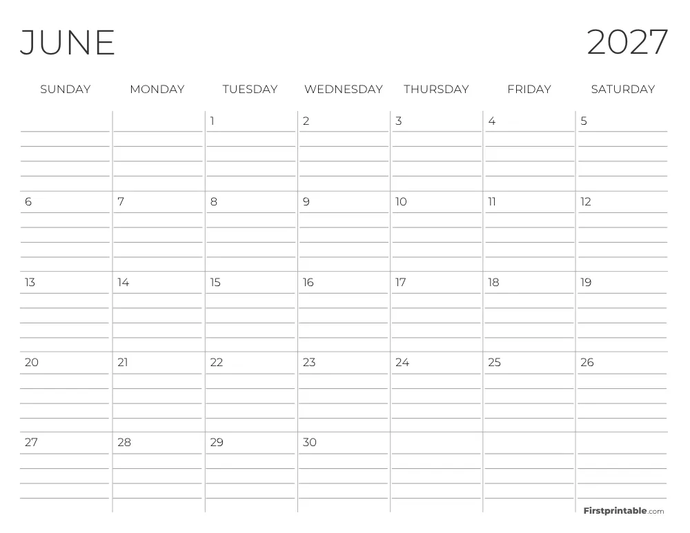 June 2027 Calendar with lines