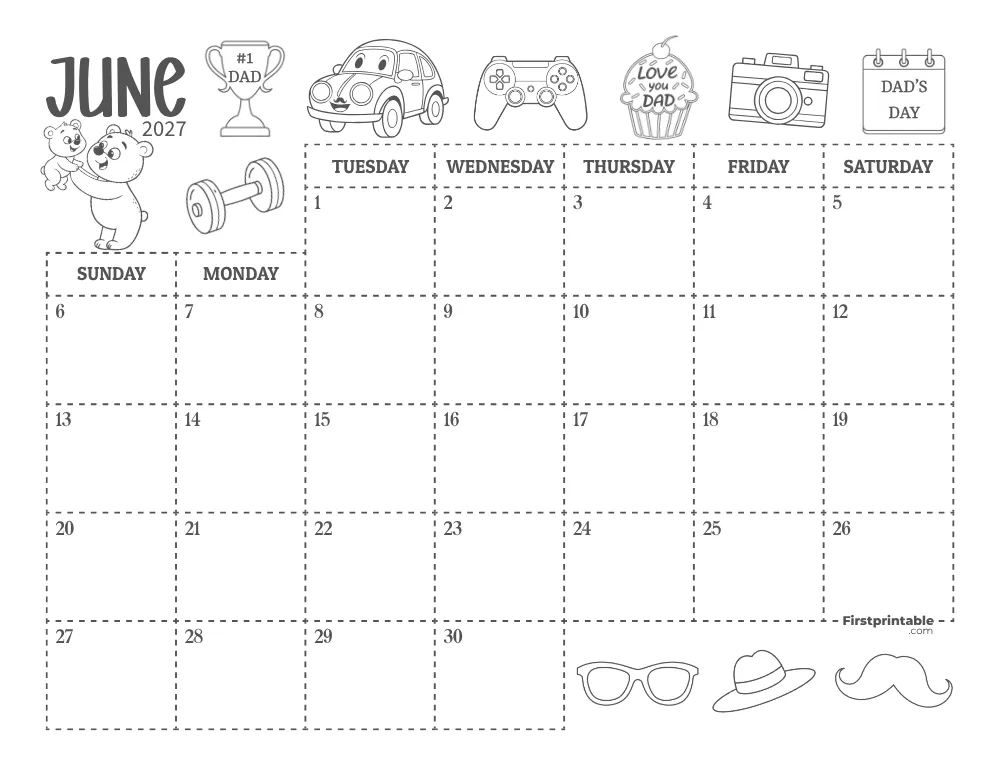 June Calendar 2027 Fathers Day Themed 01