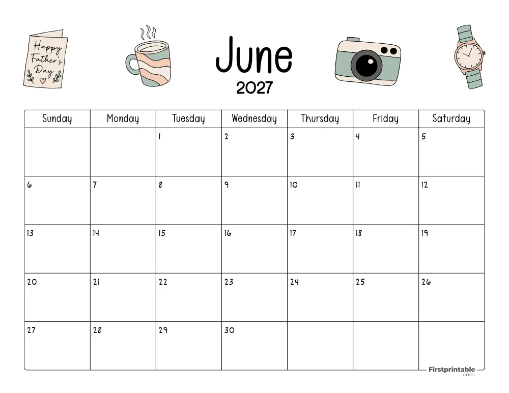 June Calendar 2027 Fathers Day Themed 05