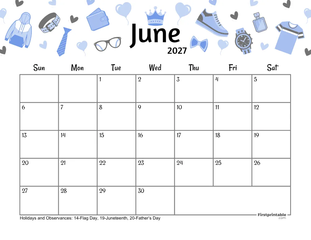 June Calendar 2027 - Fathers Day