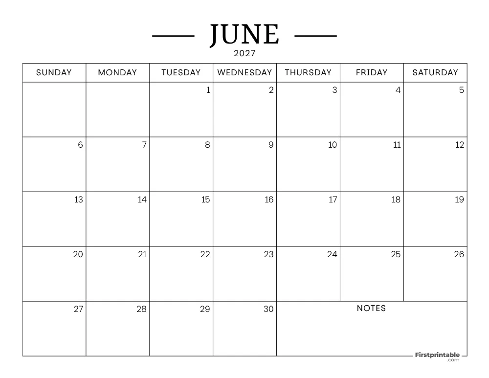 June Calendar 2027 Printable