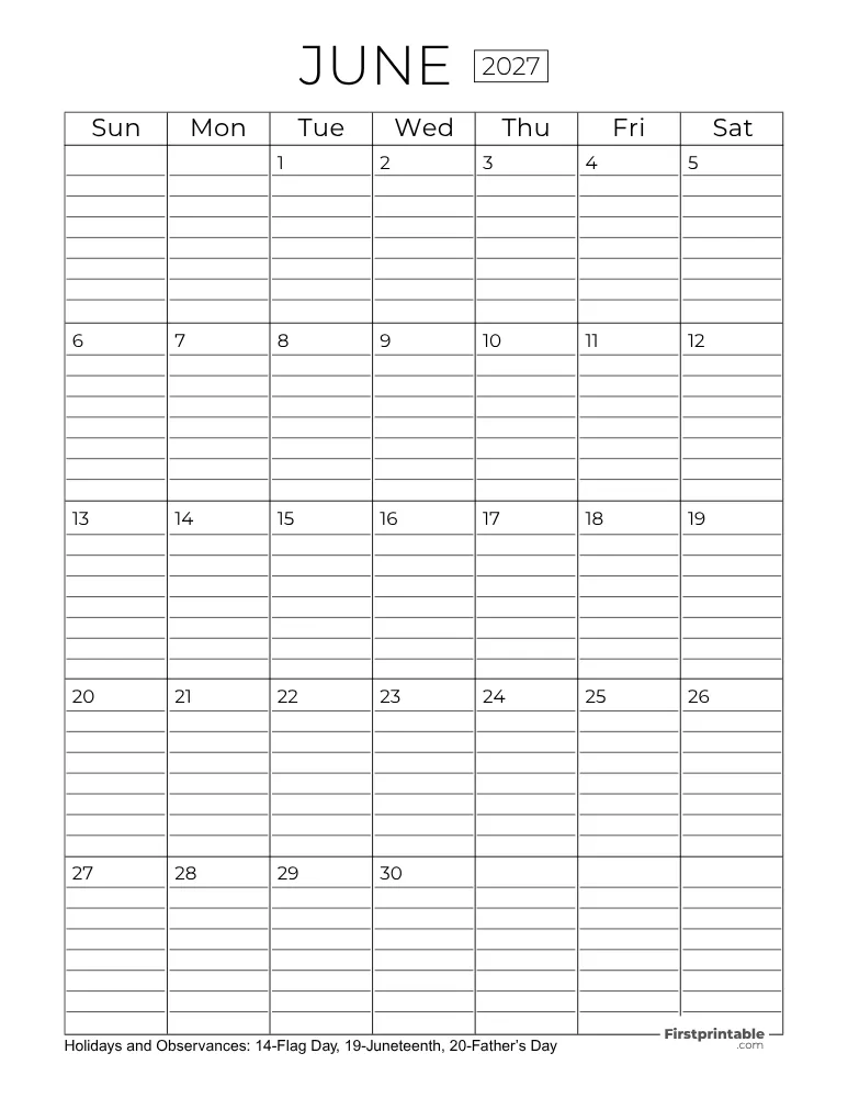 June Calendar 2027 with Lines