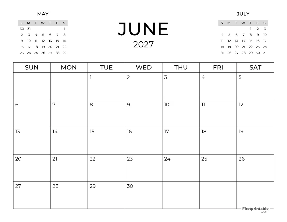 June Calendar 2027