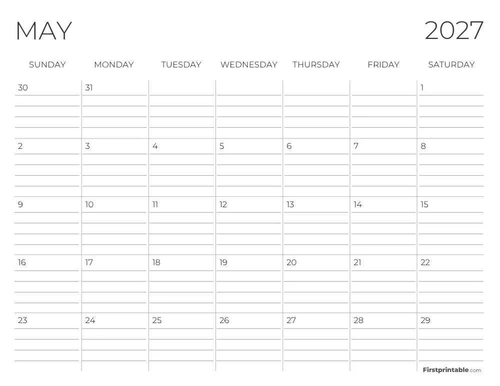 May 2027 Calendar with lines