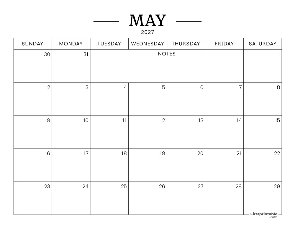 May Calendar 2027 Printable