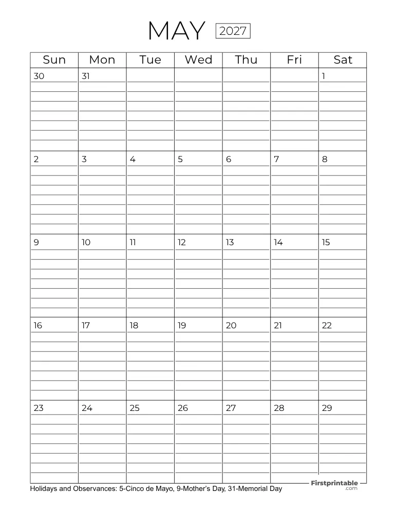 May Calendar 2027 with Lines