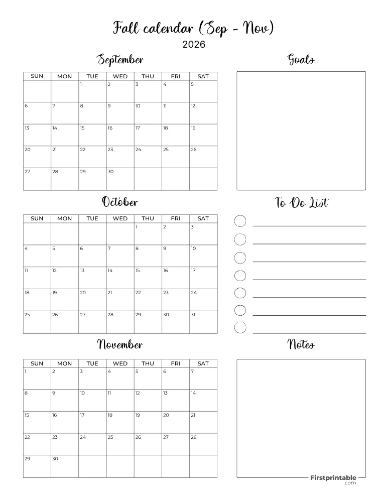 Printable Fall Calendar 2026 Template 08