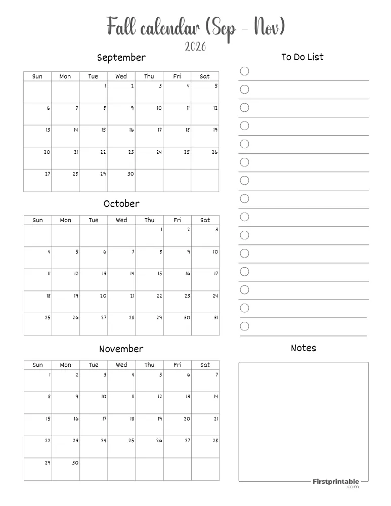 Printable Fall Calendar 2026 Template 09