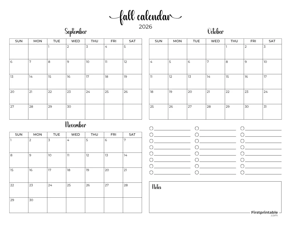 Printable Fall Calendar 2026 Template 10