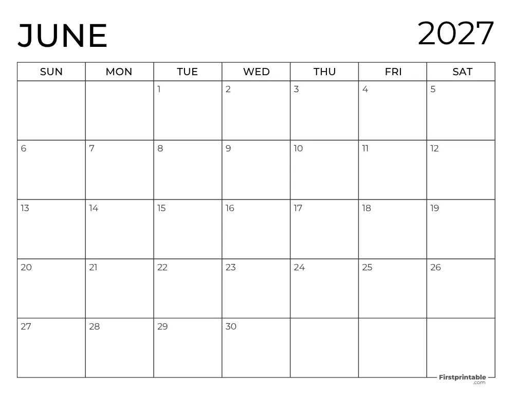 Printable June 2027 Calendar