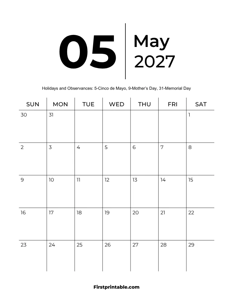 Printable May 2027 Calendar Template