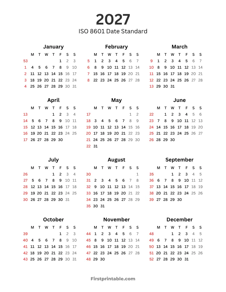 2027 Calendar with Week Numbers ISO 8601 Template 01