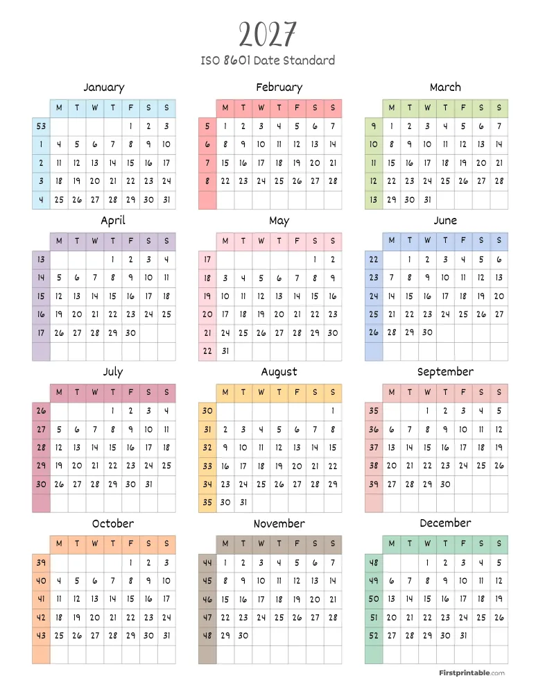 2027 Calendar with Week Numbers ISO 8601 Template 02