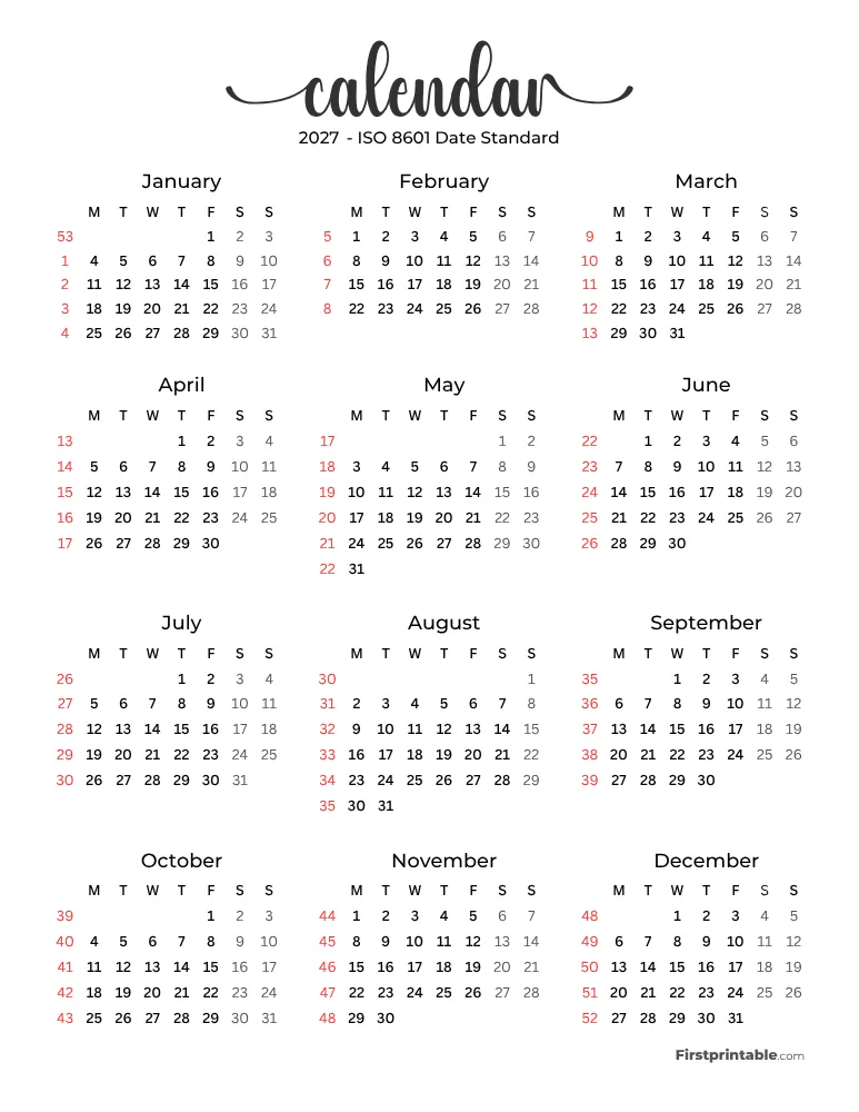 2027 Calendar with Week Numbers ISO 8601 Template 03