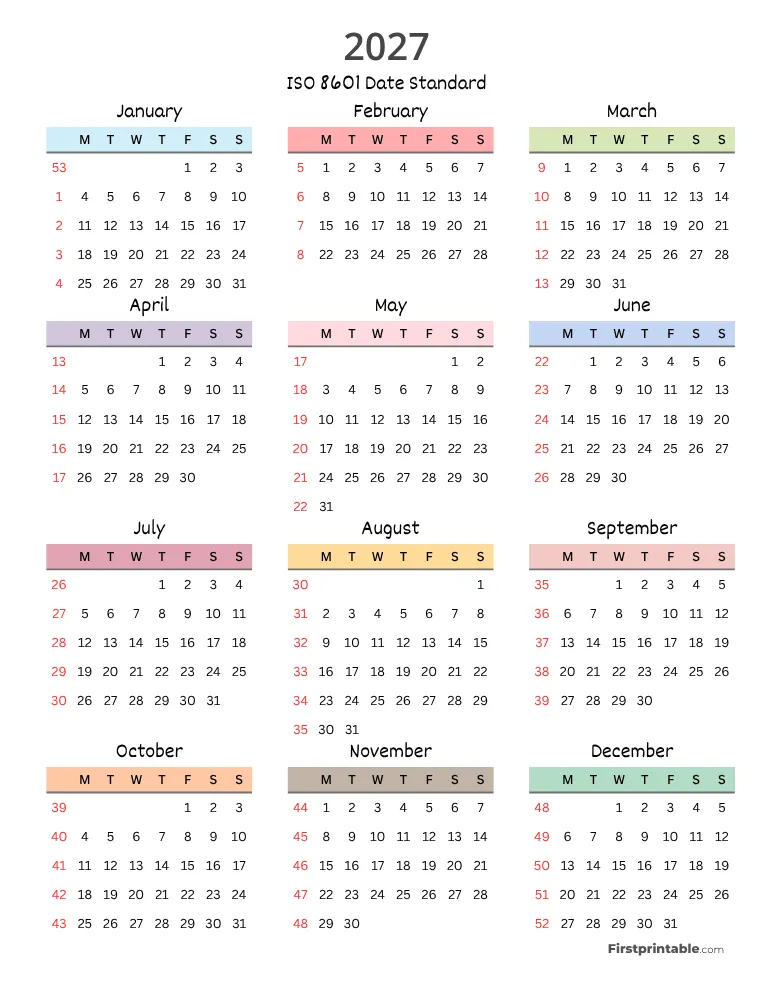 2027 Calendar with Week Numbers ISO 8601 Template 04
