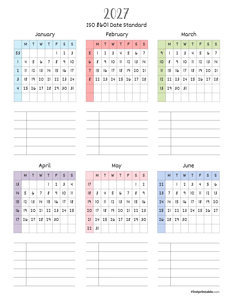 2027 Calendar with Week Numbers ISO 8601 Template 05 Page 1 of 2