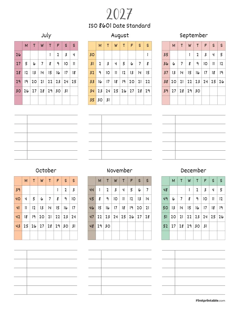 2027 Calendar with Week Numbers ISO 8601 Template 05 Page 2 of 2