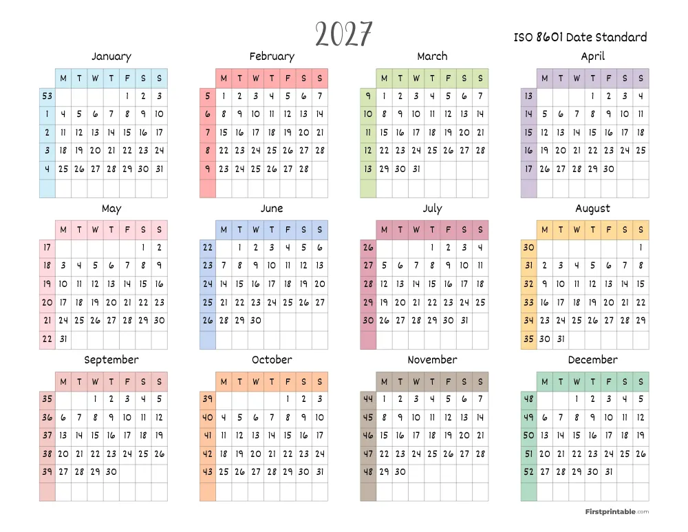 2027 Calendar with Week Numbers ISO 8601 Template 06